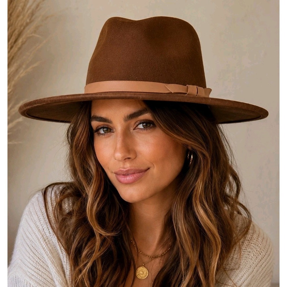 Brown 100% Wool Rancher Fedora Hat Wide Brim Western Boho 22 Inch